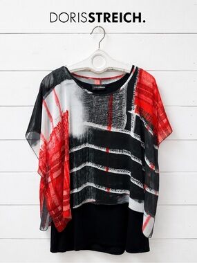 DORIS STREICH Red Black Abstract Print Overlay Top Size 42 / L .